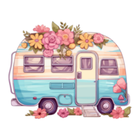 Super cute Spring Caravan, Summer Holiday Caravan Traveling Sticker, truck travel, Travel trailer illustration. png