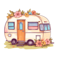 super schattig voorjaar caravan, zomer vakantie caravan op reis sticker, vrachtauto reis, reizen aanhangwagen illustratie. png