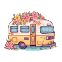 Super cute Spring Caravan, Summer Holiday Caravan Traveling Sticker, truck travel, Travel trailer illustration. png