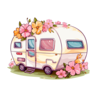 Super cute Spring Caravan, Summer Holiday Caravan Traveling Sticker, truck travel, Travel trailer illustration. png