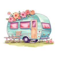 Super cute Spring Caravan, Summer Holiday Caravan Traveling Sticker, truck travel, Travel trailer illustration. png