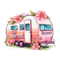 super mignonne printemps caravane, été vacances caravane en voyageant autocollant, un camion voyage, Voyage bande annonce illustration. png