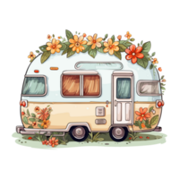 super schattig voorjaar caravan, zomer vakantie caravan op reis sticker, vrachtauto reis, reizen aanhangwagen illustratie. png