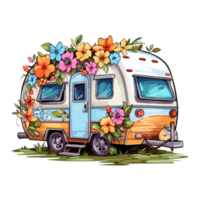 Super cute Spring Caravan, Summer Holiday Caravan Traveling Sticker, truck travel, Travel trailer illustration. png