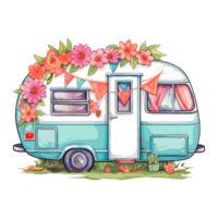 Super cute Spring Caravan, Summer Holiday Caravan Traveling Sticker, truck travel, Travel trailer illustration. png