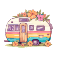 super mignonne printemps caravane, été vacances caravane en voyageant autocollant, un camion voyage, Voyage bande annonce illustration. png