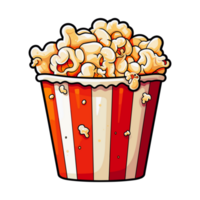 pop corn seau. cinéma collation, pop corn dans une rouge rayé seau autocollant illustration png