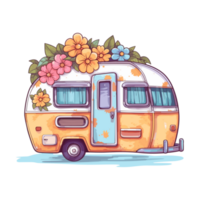 super mignonne printemps caravane, été vacances caravane en voyageant autocollant, un camion voyage, Voyage bande annonce illustration. png