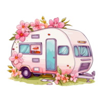 super carino primavera caravan, estate vacanza caravan in viaggio etichetta, camion viaggiare, viaggio trailer illustrazione. png