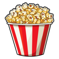 pop corn seau. cinéma collation, pop corn dans une rouge rayé seau autocollant illustration png