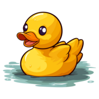 Yellow duck is bathing in a puddle, rubber bath duck illustration png