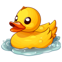 Yellow duck is bathing in a puddle, rubber bath duck illustration png