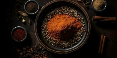 Indian spices close up. Pepper, turmeric thyme paprika cumin. Generative AI photo