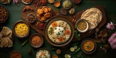 Illustration of Indian national food. View from above.Generative AI photo