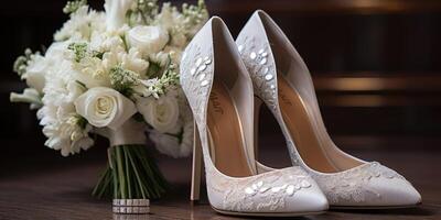 Boda flores y blanco zapatos. día festivo. generativo ai foto