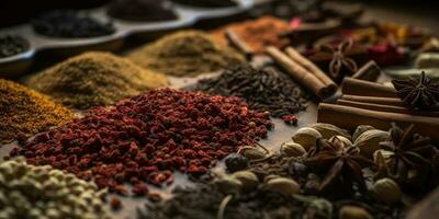 Indian spices close up. Pepper, turmeric thyme paprika cumin. Generative AI photo