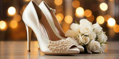Wedding flowers and white shoes. Holiday. Generative AI photo