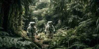 astronautas en el selva. fantástico. generativo ai foto