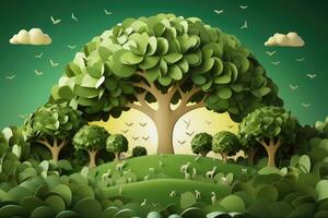 ecosistema restauracion, ambiente día concepto árbol antecedentes. reciclar icono papel cortar bandera con bosque. ecología proyecto concepto, generativo ai ilustración foto