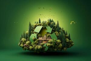 Ecosystem restoration, environment day concept tree background. Recycle icon paper cut banner with forest. Ecology project concept, illustration photo