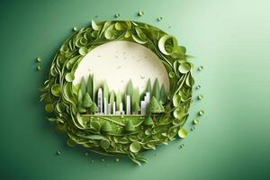Ecosystem restoration, environment day concept tree background. Recycle icon paper cut banner with forest. Ecology project concept, illustration photo