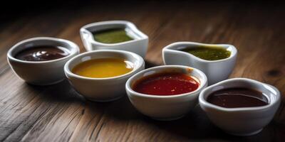Lots of sauces close up. Tomato, cheese and spicy sauce. photo