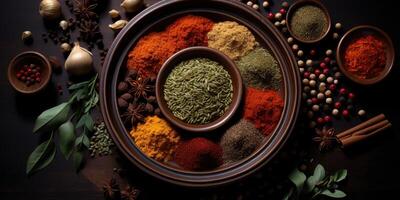 Indian spices close up. Pepper, turmeric thyme paprika cumin. Generative AI photo