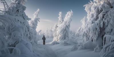 Snowy winter, snowy trees. Beautiful photo of a snowy forest. Generative AI