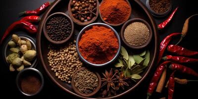 Indian spices close up. Pepper, turmeric thyme paprika cumin. Generative AI photo