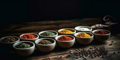 Indian spices close up. Pepper, turmeric thyme paprika cumin. Generative AI photo