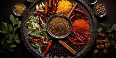 Indian spices close up. Pepper, turmeric thyme paprika cumin. Generative AI photo