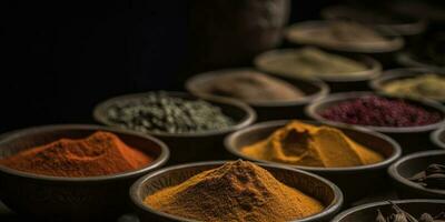 Indian spices close up. Pepper, turmeric thyme paprika cumin. Generative AI photo