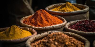 Indian spices close up. Pepper, turmeric thyme paprika cumin. Generative AI photo