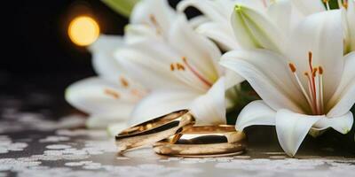 Wedding rings. Wedding flowers. Generative AI photo