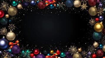 Christmas border frame card template with dark background, concept with festive ornaments.composition with copy-space, illustration photo