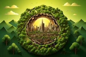Ecosystem restoration, environment day concept tree background. Recycle icon paper cut banner with forest. Ecology project concept, illustration photo