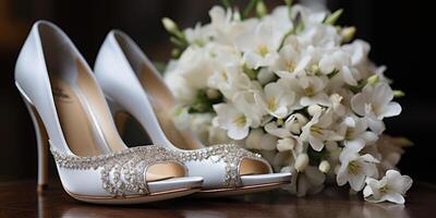 Boda flores y blanco zapatos. día festivo. generativo ai foto