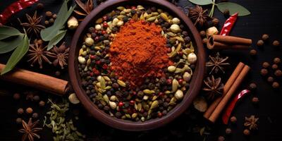 Indian spices close up. Pepper, turmeric thyme paprika cumin. Generative AI photo