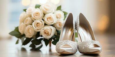 Wedding flowers and white shoes. Holiday. Generative AI photo