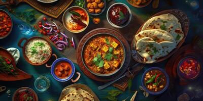 Illustration of Indian national food. View from above.Generative AI photo