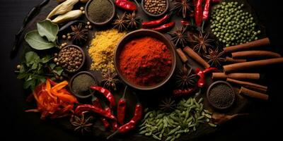 Indian spices close up. Pepper, turmeric thyme paprika cumin. Generative AI photo