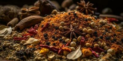 Indian spices close up. Pepper, turmeric thyme paprika cumin. Generative AI photo