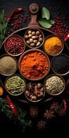 Indian spices close up. Pepper, turmeric thyme paprika cumin. Generative AI photo