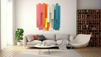 Stylish living room interior design with mock up poster frame, creative home accessories. Home staging. Copy space, Generative AI illustration photo