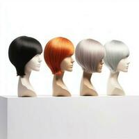 Hair wig over the plastic mannequin head isolated over the white background, mockup featuring contemporary women's hairstyles, Generative AI illustration photo