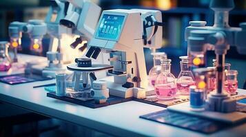 Close-up shot of microscope with metal lens at laboratory. Microscope on the table with chemical tube and glassware in laboratory, Science research technology, Generative AI illustration photo