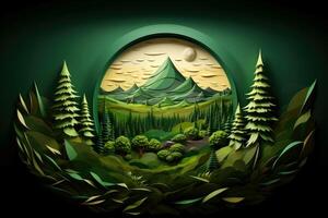 Ecosystem restoration, environment day concept tree background. Recycle icon paper cut banner with forest. Ecology project concept, illustration photo