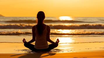 mujer meditar, yoga. psíquico mujer considera mente y corazón. espiritualidad, esoterismo, con bokeh desenfocado luces. universo, generativo ai ilustración foto