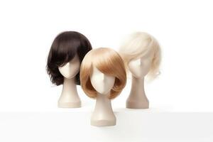 Hair wig over the plastic mannequin head isolated over the white background, mockup featuring contemporary women's hairstyles, Generative AI illustration photo