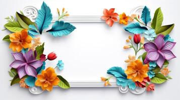 Floral border frame card template. multicolor flowers, leaves, for banner, wedding card. Springtime composition with copy-space, Generative AI illustration photo